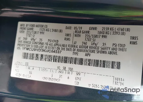 2019 Ford Escape Sel z USA, uszkodzony, nr VIN 1FMCU9HD3KUC04537